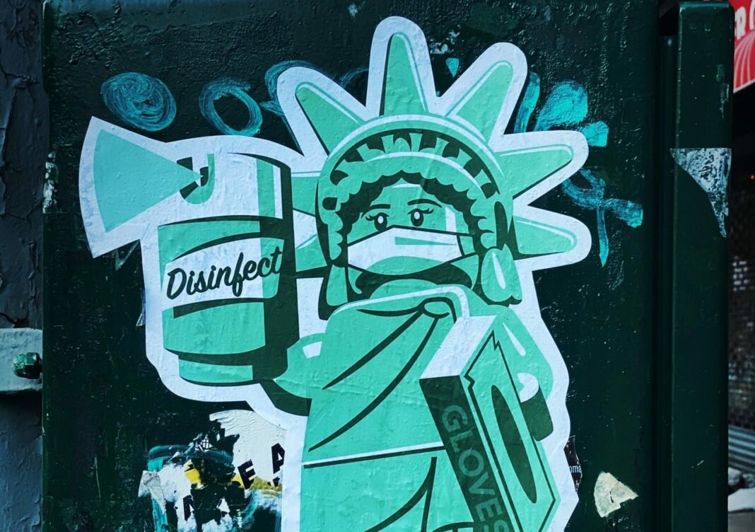 statue of liberty drawing with COVID supplies