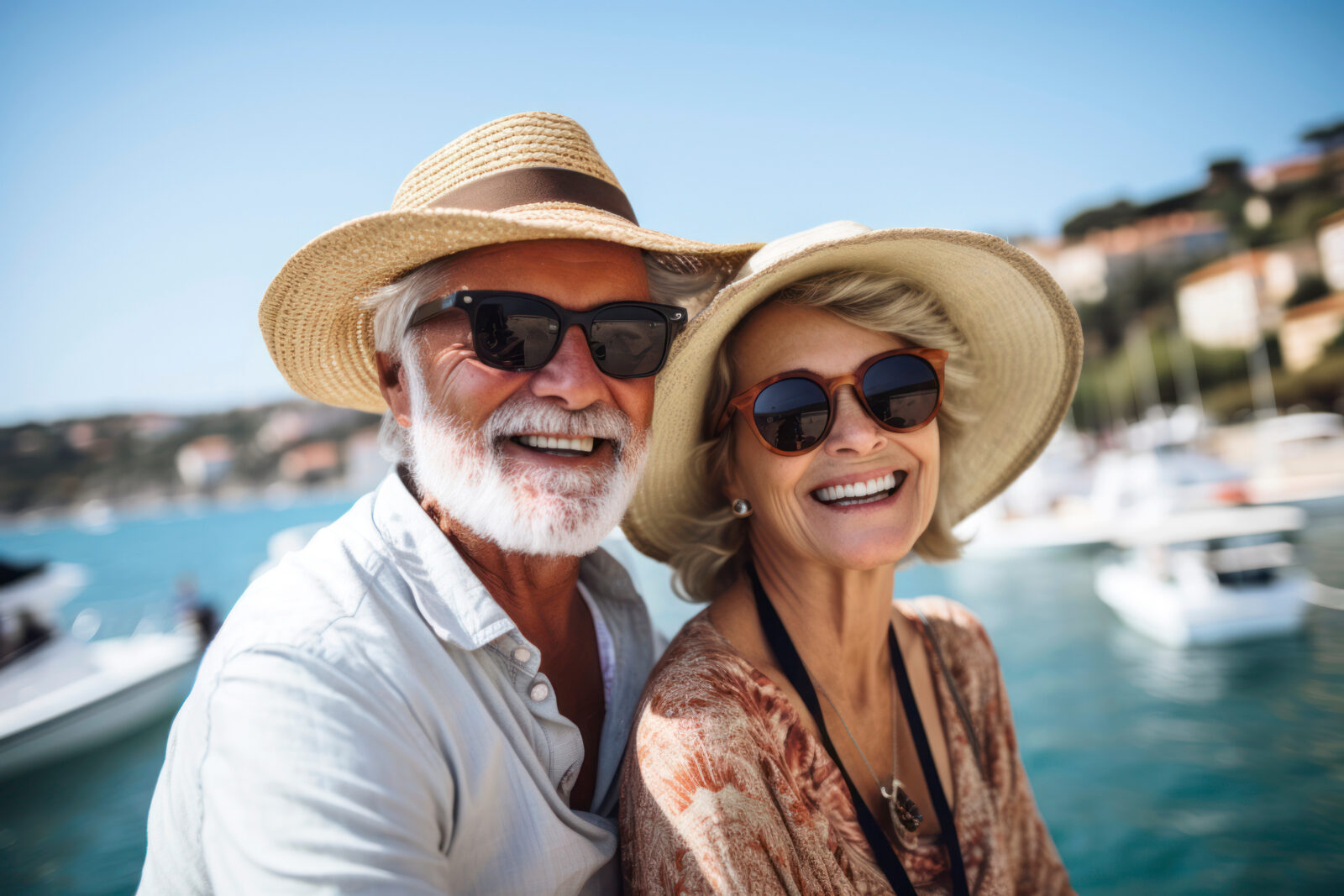 Senior couple happy smiling couple, wear stylish clothes, sunglasses and hat, enjoying summer holidays. Ai Generative 2024/05/AdobeStock_620088889.jpeg 
