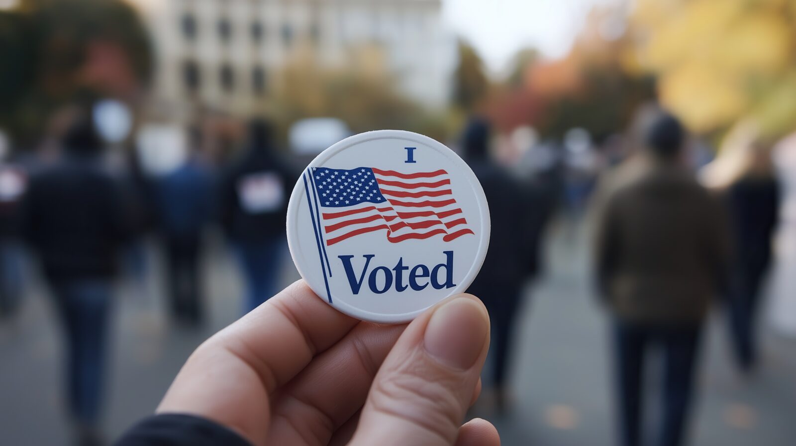 Person proudly holds an i voted sticker on election day, with the american flag waving in the background, symbolizing democracy and civic duty