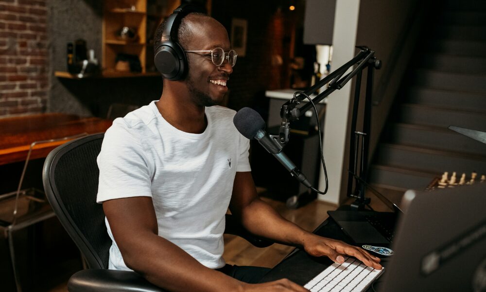 Podcast host preparing for a show.