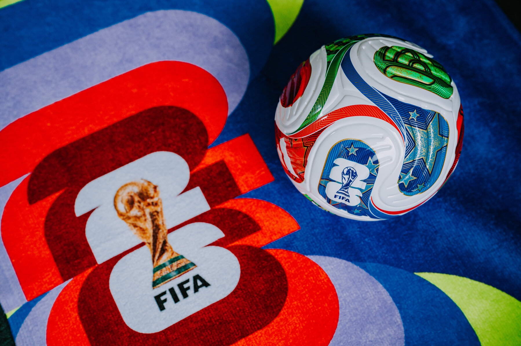FIFA World Cup in 2026 background, official football ball and logo of World cup in United States, Mexico and Canada. Sport Wallpaper with edit space.