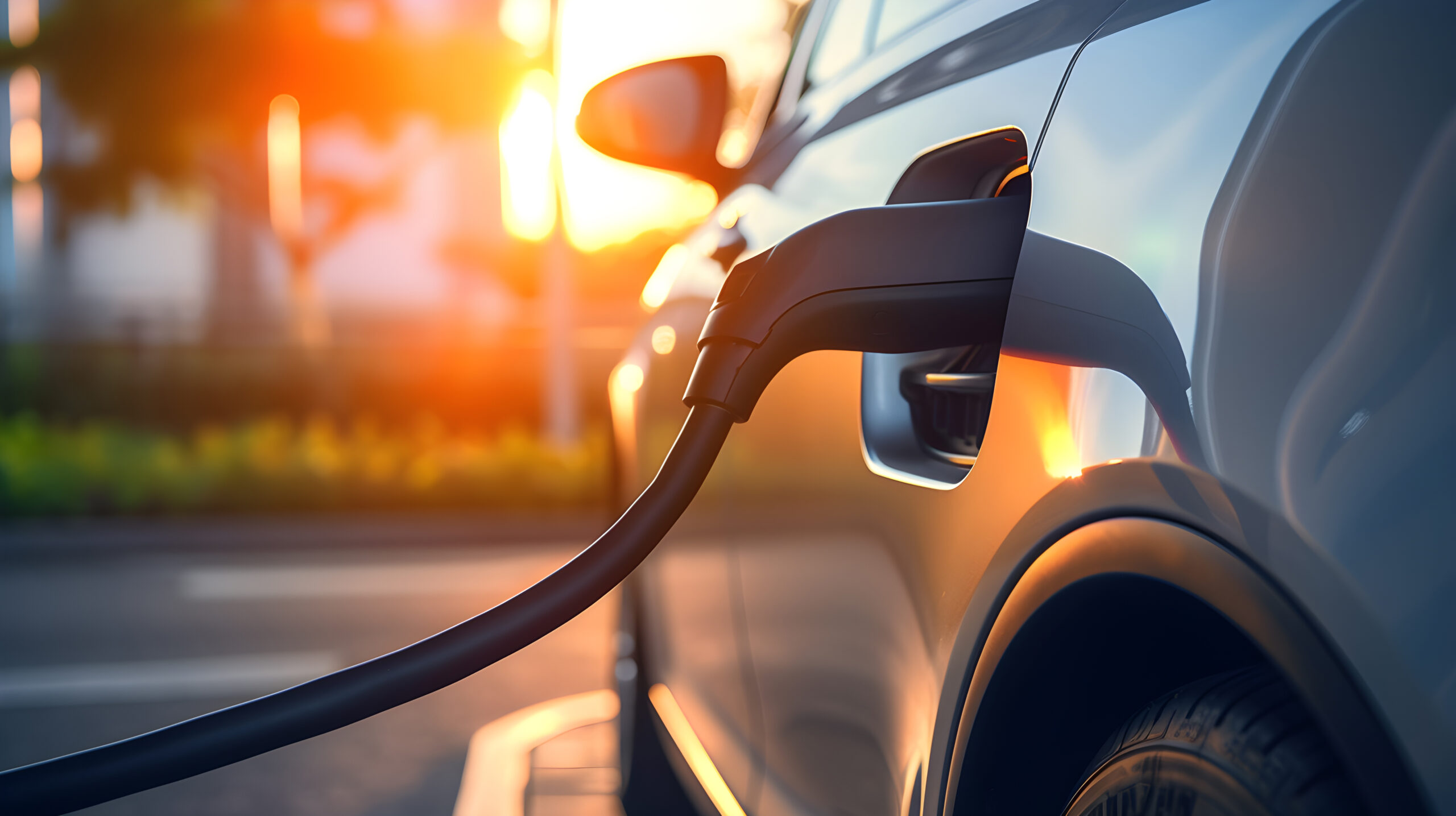 An electric car charging in the sunset