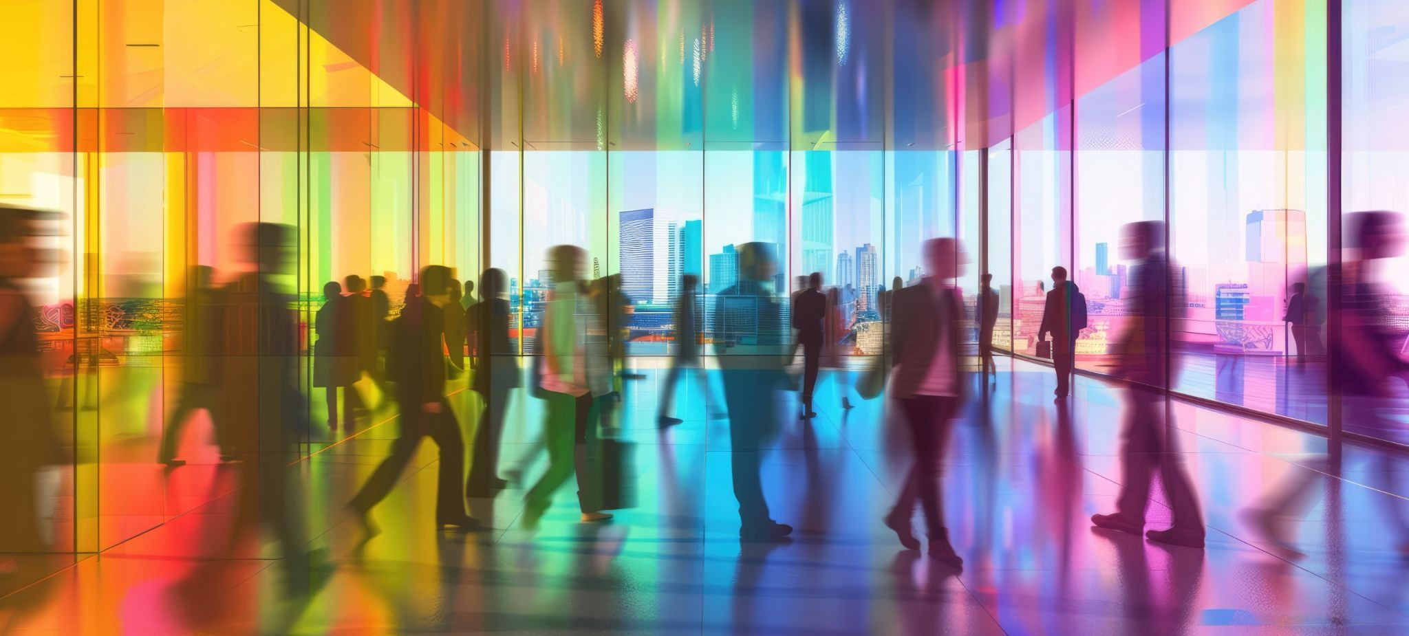 Workers walking in office with rainbow coloring