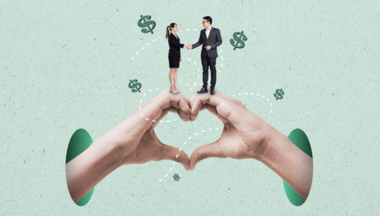 Illustration of business leaders stood on hands making a heart shape